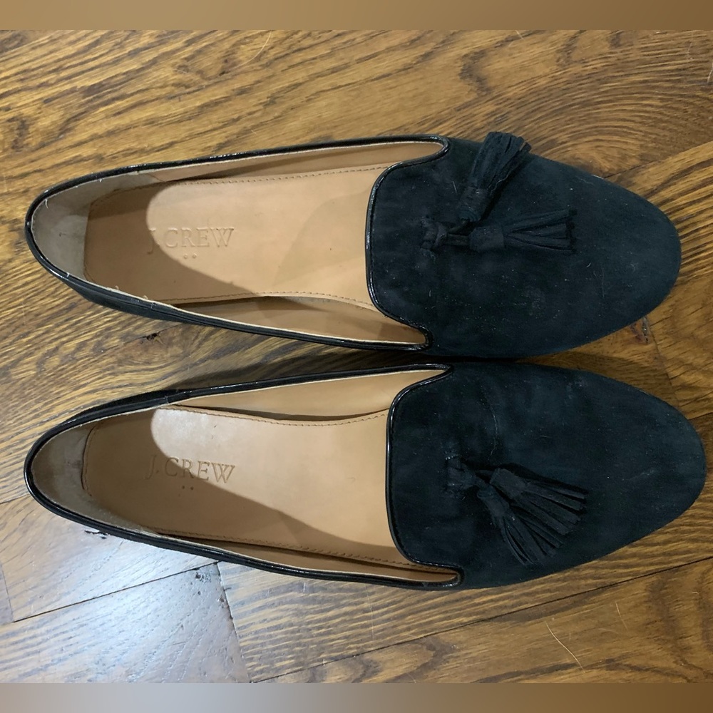 J Crew Cora Black Suede Tassel Loafers